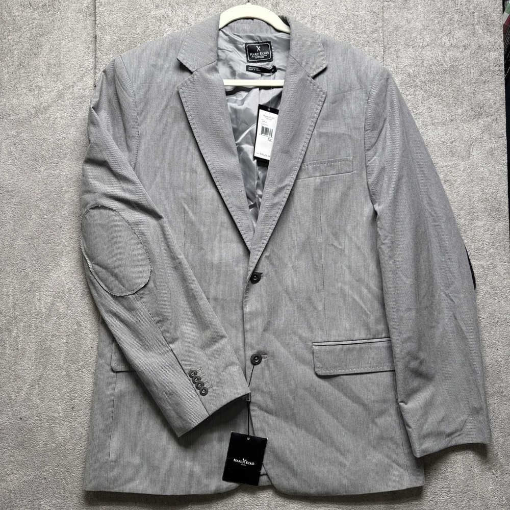 Marc Ecko Sport Coat Mens Blazer XL Gray‎ Cut And Sew Pinstripe Elbow Patch